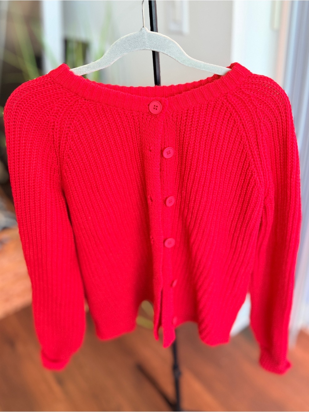 Women's Red Button-Back Ribbed Knit Cardigan